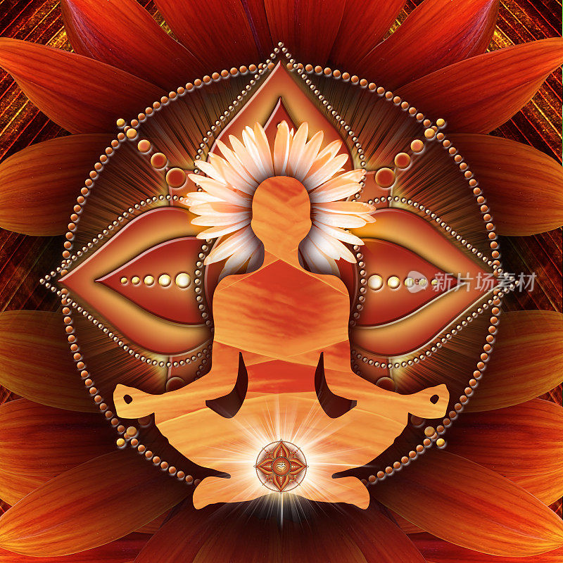 冥想瑜伽中莲花式的根脉轮，前面是圆轮的象征和盛开的栀子花。