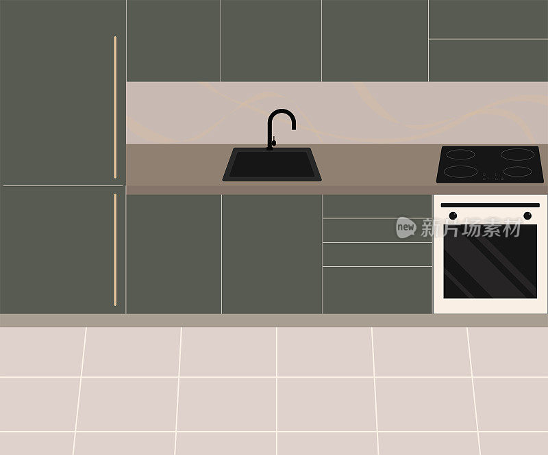 厨房内部概念，水槽和灶台在台面上