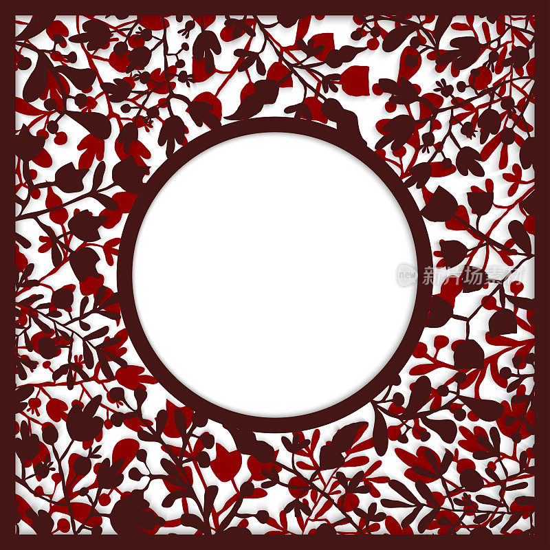 红色花卉剪纸艺术与两层和阴影。优雅的框架贺卡(生日，情人节)，婚礼和订婚邀请卡模板。剪纸抽象背景。