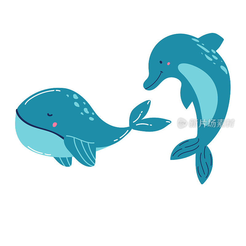 集海洋哺乳动物蓝鲸，鲨鱼，抹香鲸，海豚，白鲸，独角鲸虎鲸。卡通矢量图形。