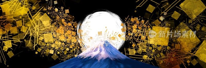 日本画风背景宽尺寸插图和黑色背景，平安时代画风的金叶云和美丽的富士山，舞动的金叶，金粉和沙点。