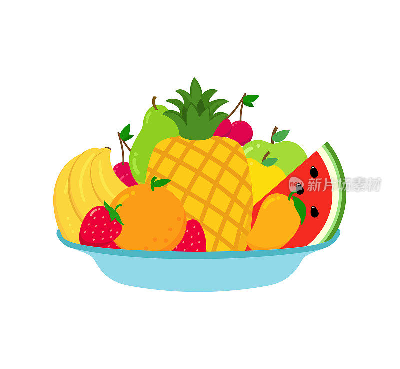 水果在盘子里。水果健康有机食品甜美自然理念。颜色鲜艳的水果