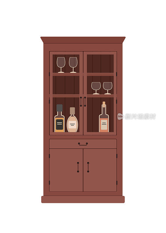 红木酒柜与玻璃杯和瓶子，孤立的白色背景