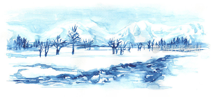 水彩画的雪景与河流的景观插图