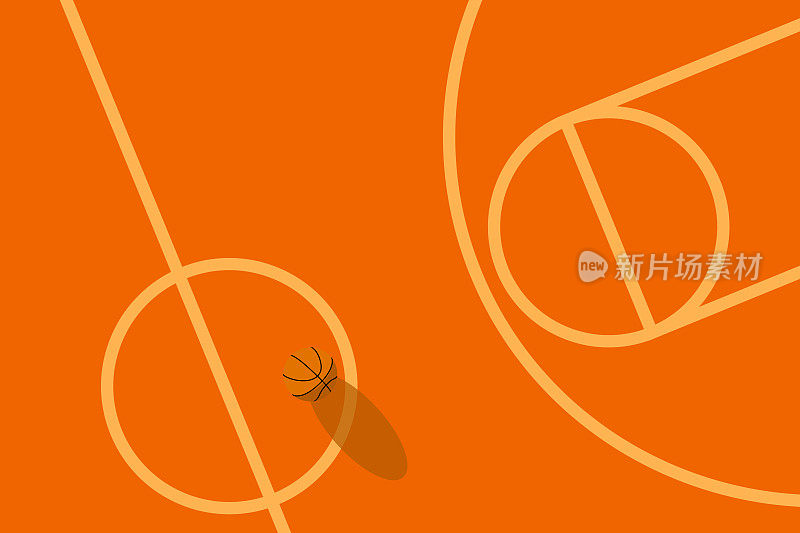 运动矢量插图的一个篮球场与一个球和阴影在地面橙色背景，没有人背景图形网站卡片海报日历印刷