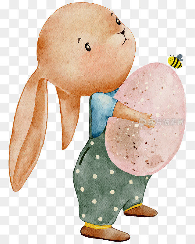 可爱的兔子抱着彩蛋，卡通水彩手绘兔子，兔子角色元素为复活节贺卡，春夏海报，矢量插图肖像动物在透明背景