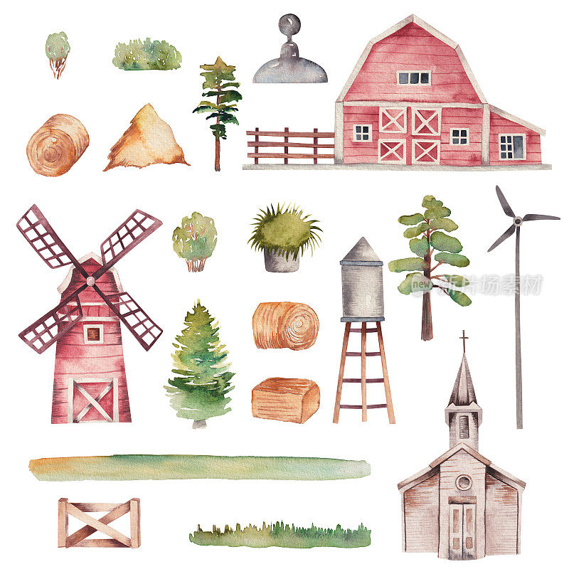 水彩红色木谷仓，磨坊，乡村教堂和花园元素，白色背景上孤立的插图