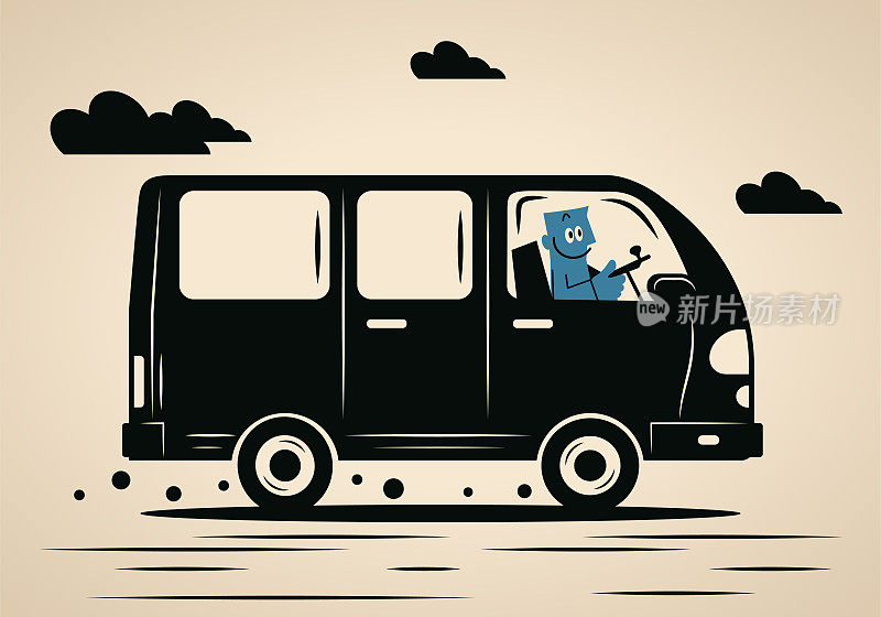 一个面带微笑的蓝色男人开着面包车、穿梭巴士、校车或房车