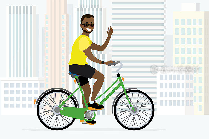 非裔美国人骑自行车在城市。健康的生活方式，周末时间，骑自行车。背景上的城市视图。帅哥有活力。