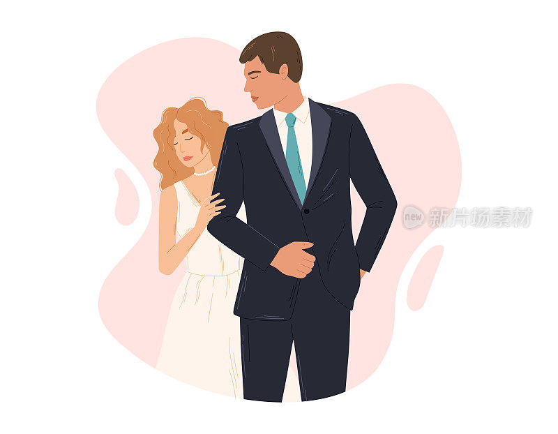 相爱的年轻情侣，站着的新郎新娘。一个穿裙子的女人和一个穿西装的男人的婚礼。矢量隔离平面插图。