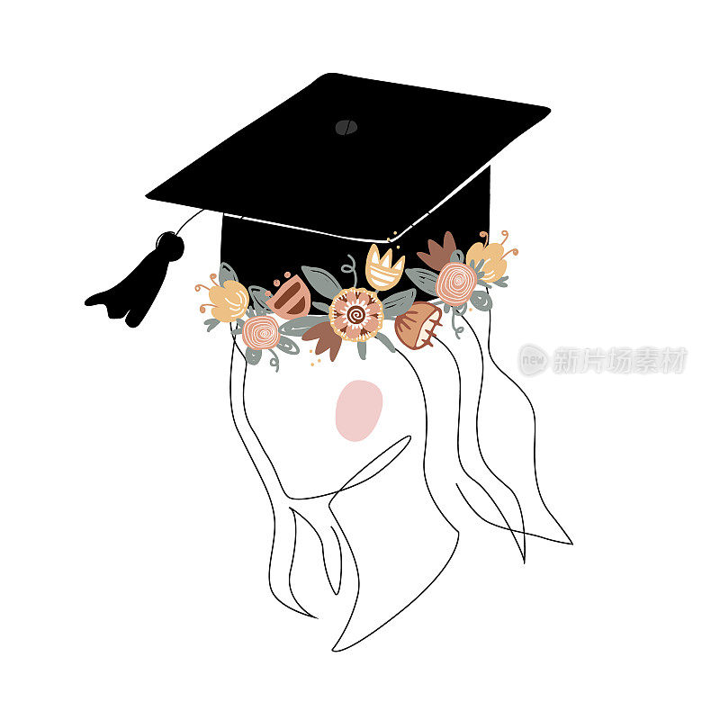 可爱的女孩剪影在毕业帽装饰涂鸦花花环。快乐的研究生。斯堪的纳维亚和连续的线条风格。矢量隔离图