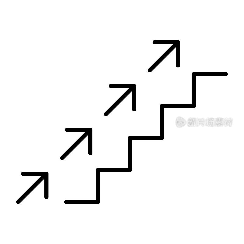 上楼图标。楼梯与向上箭头黑色图标。矢量隔离在白色背景上。
