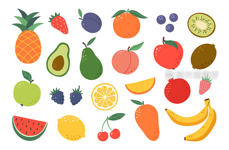 设置手绘彩色水果和浆果。天然热带水果。苹果、桃子、草莓、香蕉、石榴、菠萝、梨、鳄梨、樱桃。有机，素食食品插图。