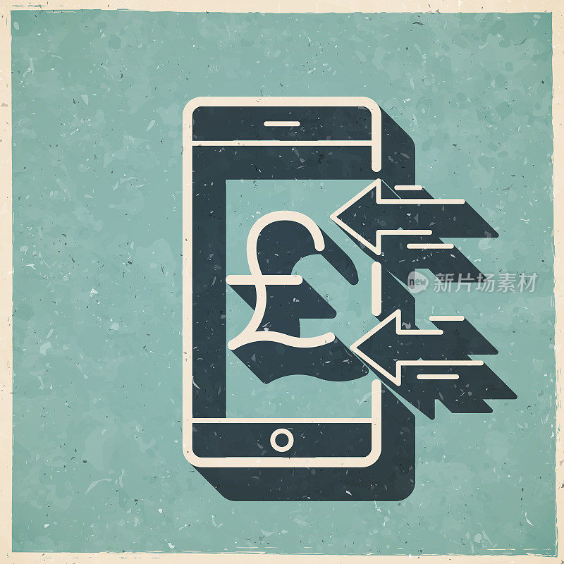 用智能手机接收英镑。图标复古复古风格-旧纹理纸