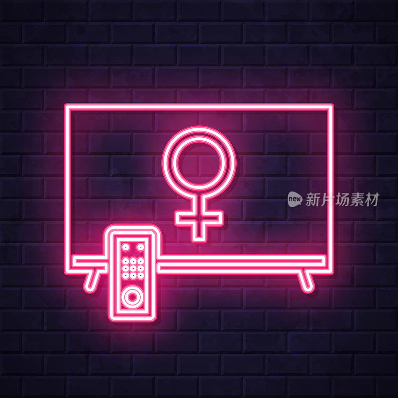 带有女性符号的电视。在砖墙背景上发光的霓虹灯图标