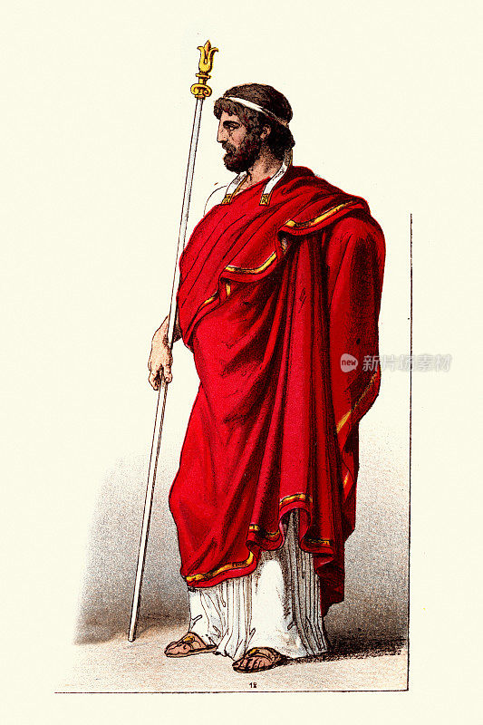 希腊国王身穿红色披风，头戴头巾，手持权杖，代表古希腊古典风尚