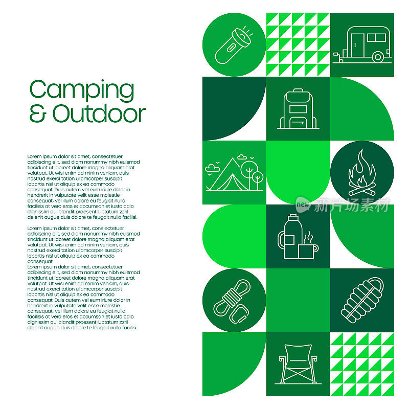 露营和户外娱乐相关的设计与线图标。简单轮廓符号图标。房车，露营帐篷，营火，旅行
