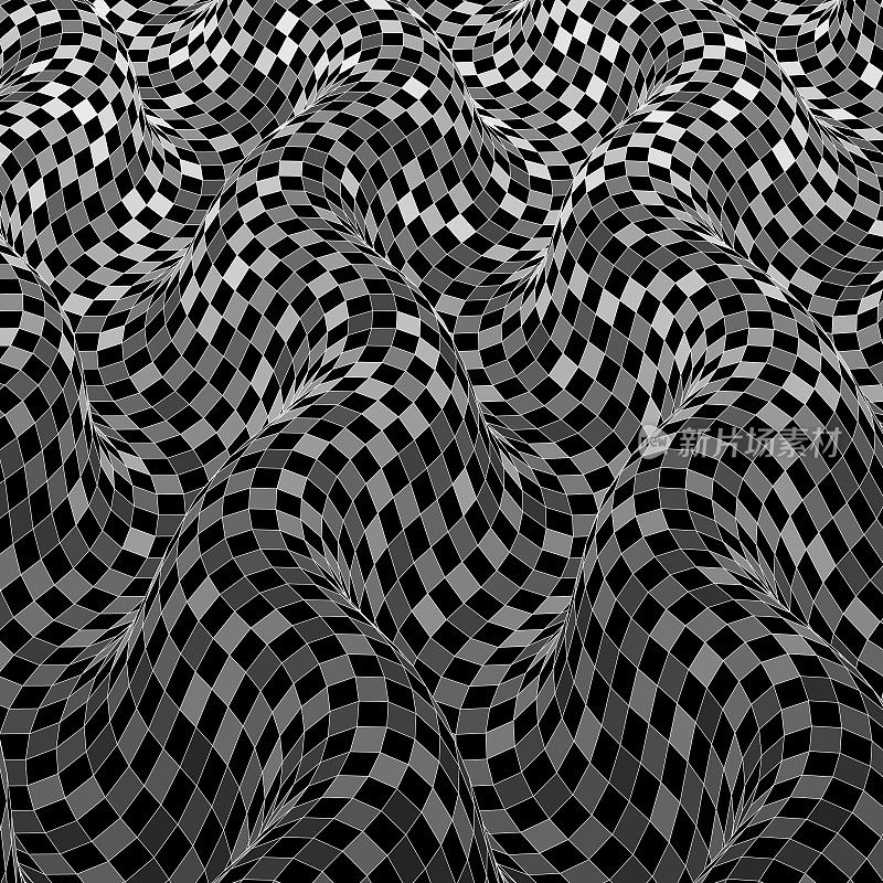 三维曲面的格子波扭曲的正方形，与透视