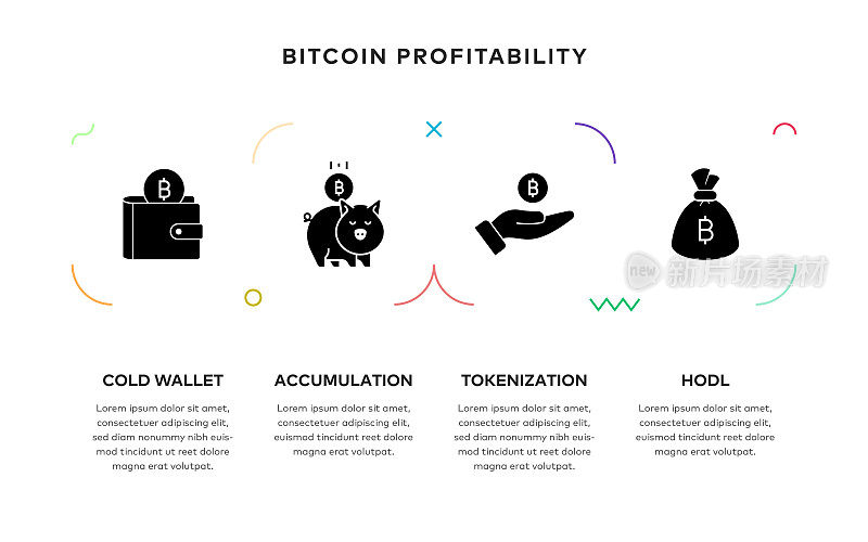 比特币盈利概念4步信息图设计与固体图标