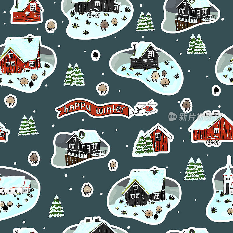 无缝重复的雪木制斯堪的纳维亚房屋的屋顶上的草，圣诞树，绵羊，快乐的冬天文字与直升机