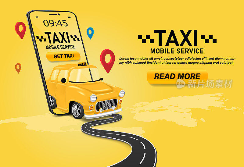 出租车服务。在线移动应用订购出租车服务说明。出租车服务手机app网站。黄色出租车插图。矢量出租车移动应用图标包括智能手机与黄色出租车。