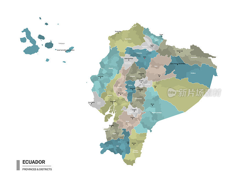 厄瓜多尔高详细地图与细分。厄瓜多尔行政地图，带有地区和城市的名称，按州和行政区域着色。矢量插图。