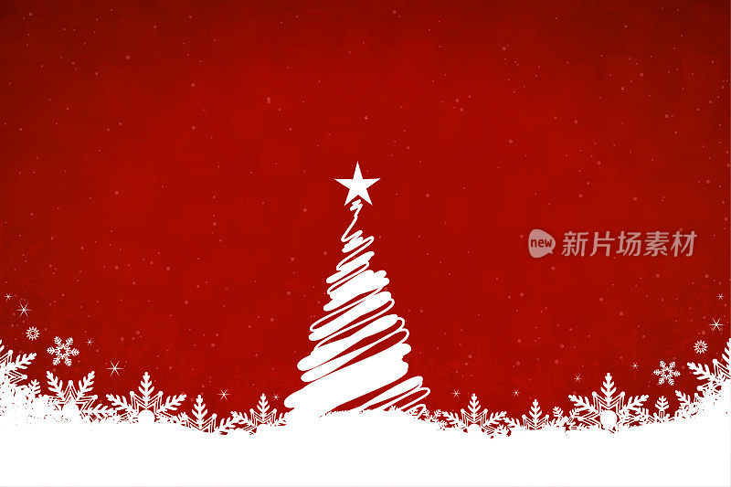 创意的暗红色或栗色背景，一棵白色的涂鸦圣诞树，顶部有一颗闪亮的星星，雪花遍布地面