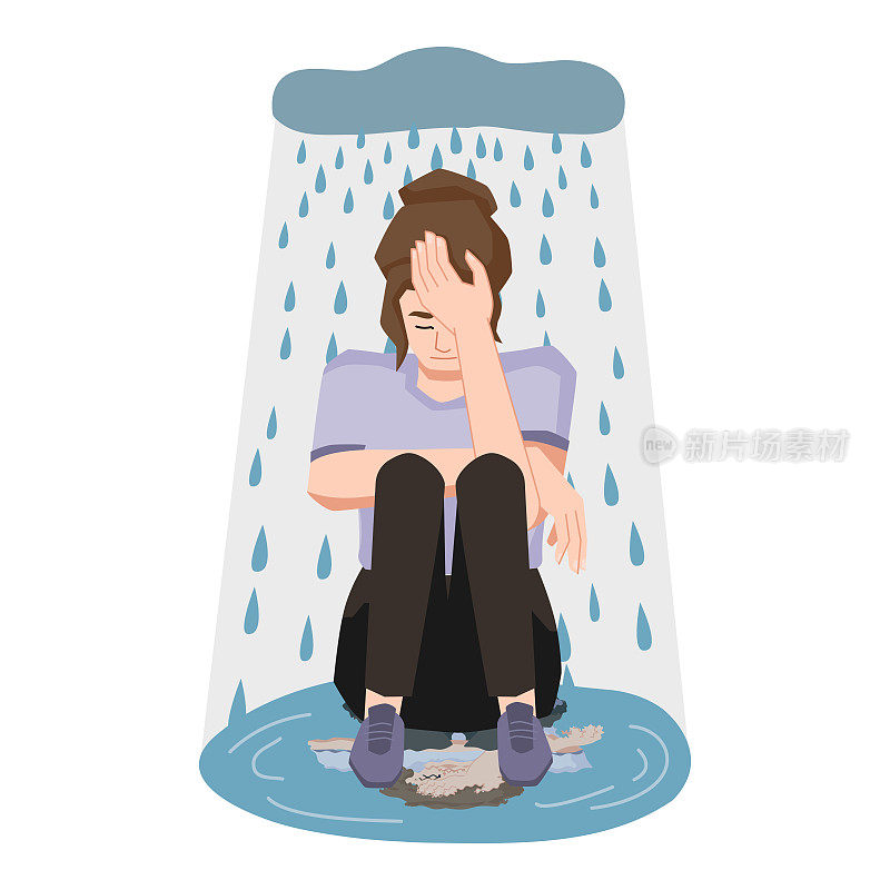 忧郁的雨，阴云笼罩女人，模糊的倒影在水面上，哭泣的人。向量不开心沮丧的女孩坐在水坑里心烦意乱，遭受孤独失意的人与情绪的悲伤