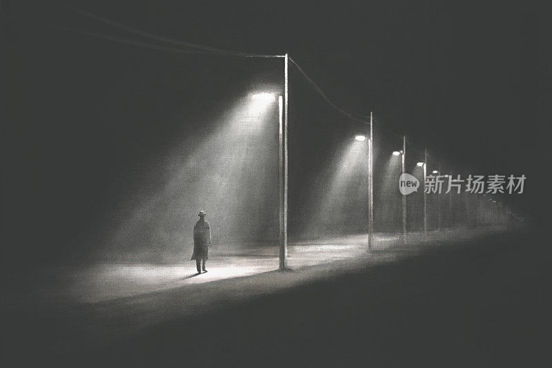 描述神秘孤独的人独自行走在黑暗中，超现实的抽象概念