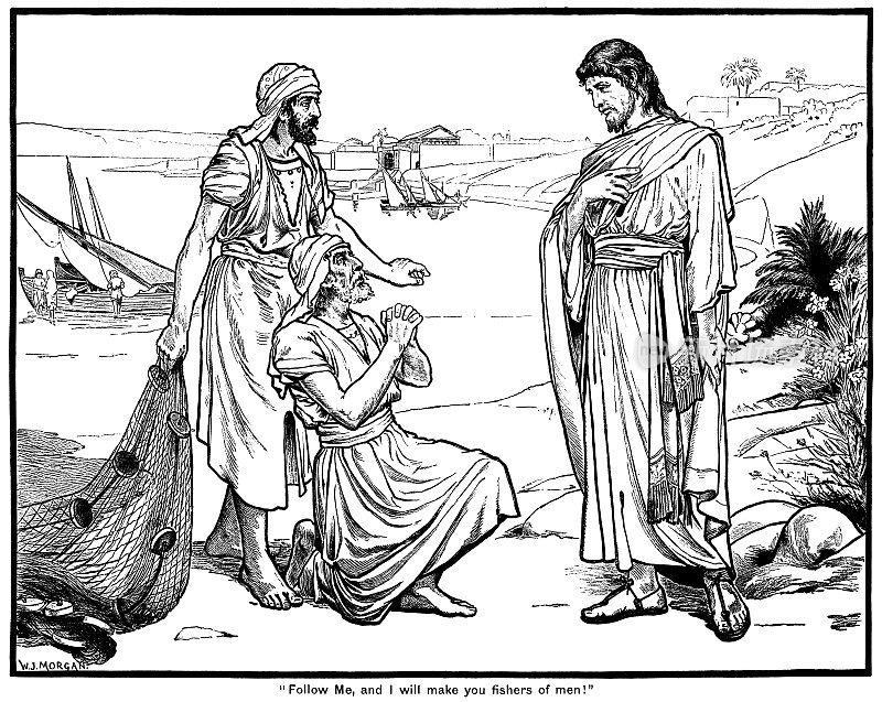 耶稣在加利利海边对渔夫西门彼得和安得烈说话