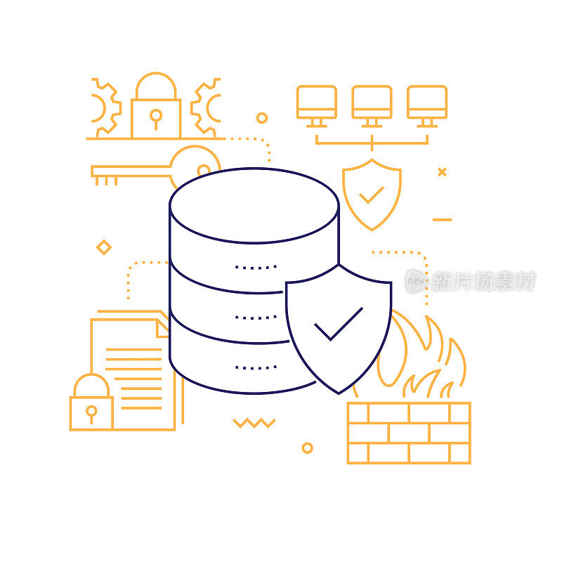 网络安全、数据安全相关线路图标。矢量轮廓符号插图。