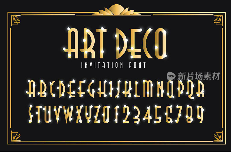 装饰艺术派对邀请金色的大写字母文字字体设计与发光的灯