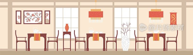 中餐厅餐厅室内设计平面矢量插画。