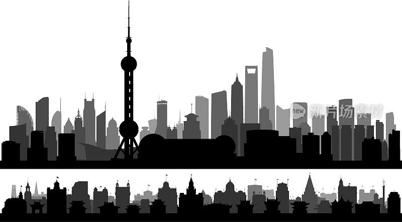 中国，上海，浦东和外滩(所有建筑都是完整的和可移动的)