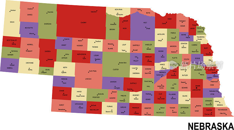 美国内布拉斯加州彩色平面地图与县