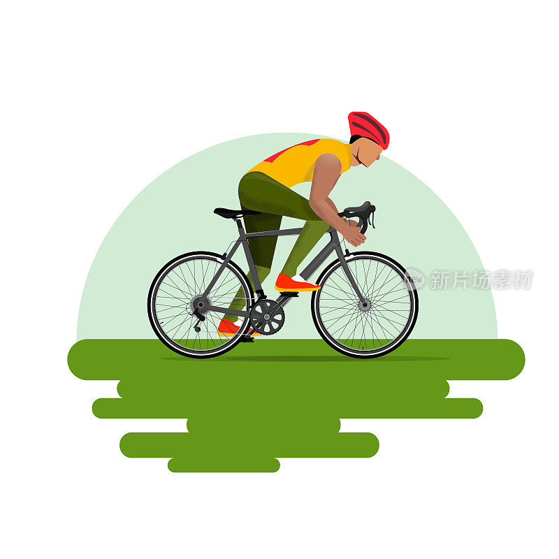 矢量插图的道路自行车，越野自行车比赛，比赛路线。骑自行车的男运动员。