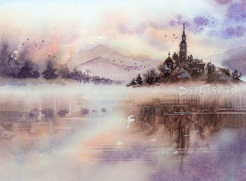 山上的城堡倒映在水中。多雾的早晨。水彩。插图