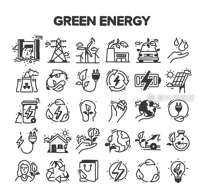 绿色能源相关的手绘矢量涂鸦图标集
