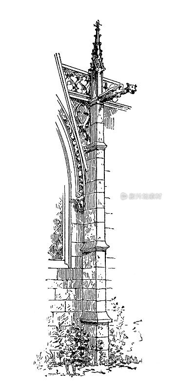 古董插图:扶壁、桥台(建筑)