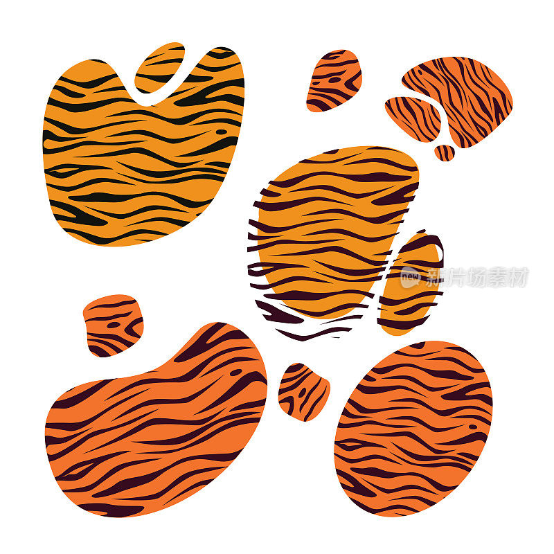 一组抽象的老虎着色页-向量插图孤立在白色背景上