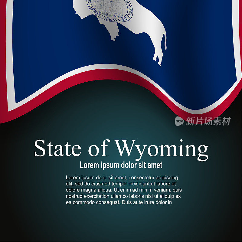 怀俄明州的旗帜(美国)飞行在黑暗的背景与文字