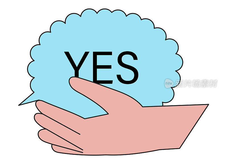 是标志的卡通矢量插图。人物手握着表示赞同、允许或接受的语音泡泡。选择，帮助或支持概念。对某事或某人说“是”。