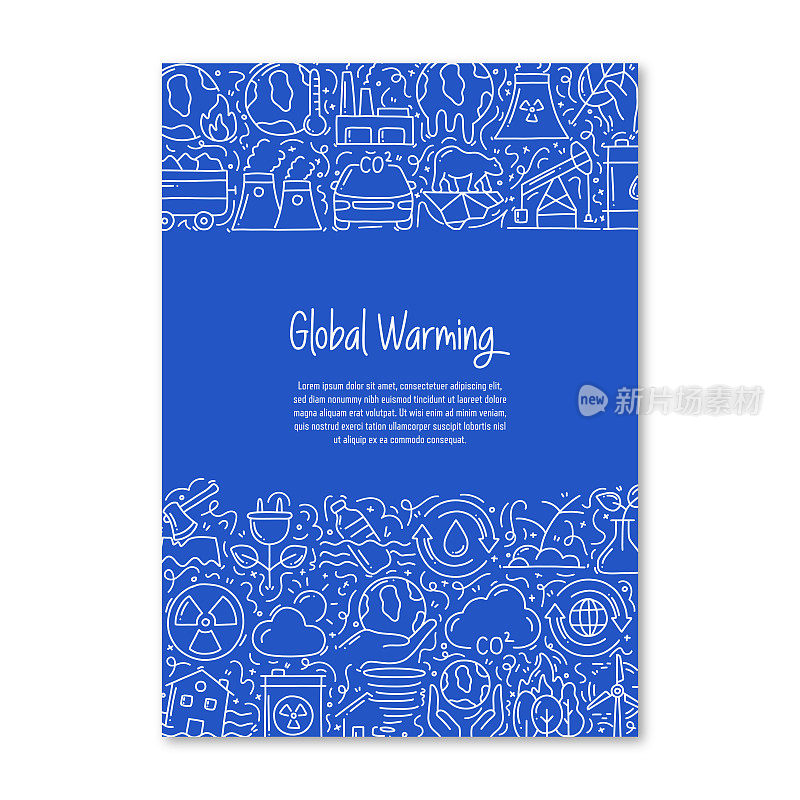 与全球变暖相关的物体和元素。手绘矢量涂鸦插图集合。海报，封面模板与不同的全球变暖对象