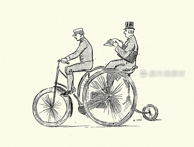 维多利亚时代的自行车出租，人力车，三轮车，司机和乘客，1890年代，19世纪