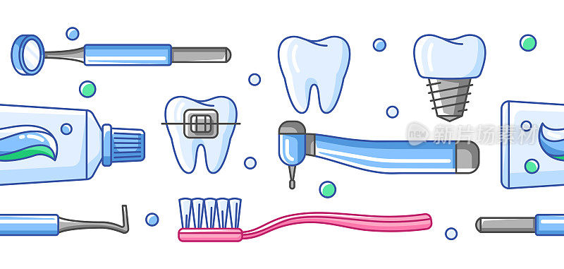 医疗无缝模式与牙科设备图标。牙科和卫生保健背景。