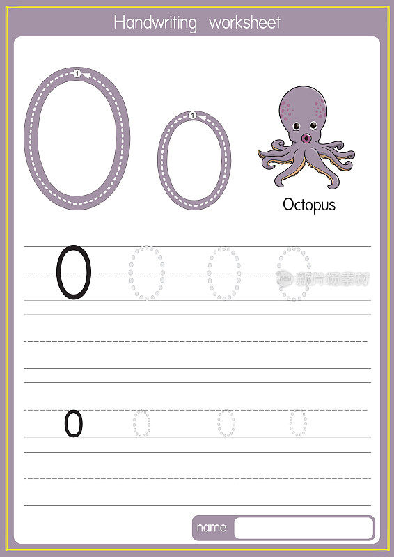 矢量章鱼插图，字母O大写字母或大写字母，供儿童学习练习ABC
