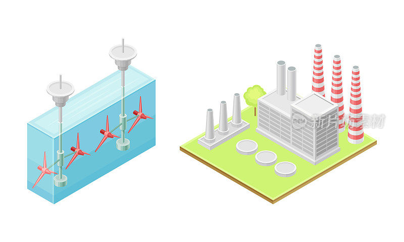 发电。水电站和热电厂等距矢量插图在白色背景