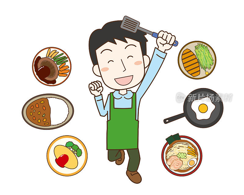 一个人烹饪和各种菜肴的插图
