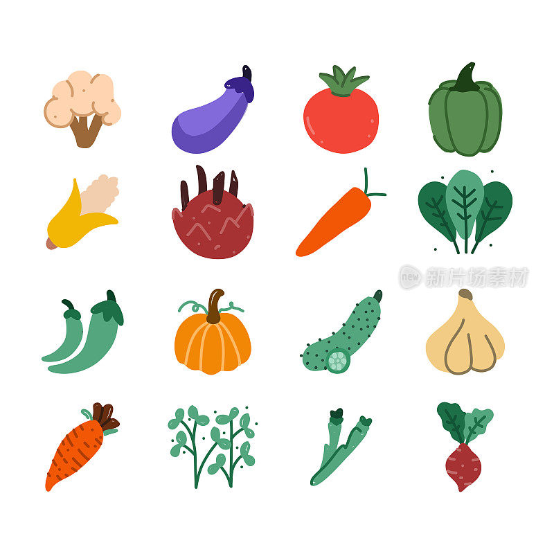 蔬菜的图标集。手绘涂鸦设计