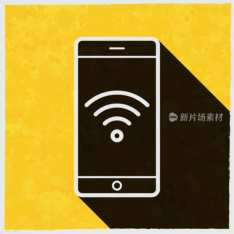 智能手机与无线网络。图标与长阴影的纹理黄色背景